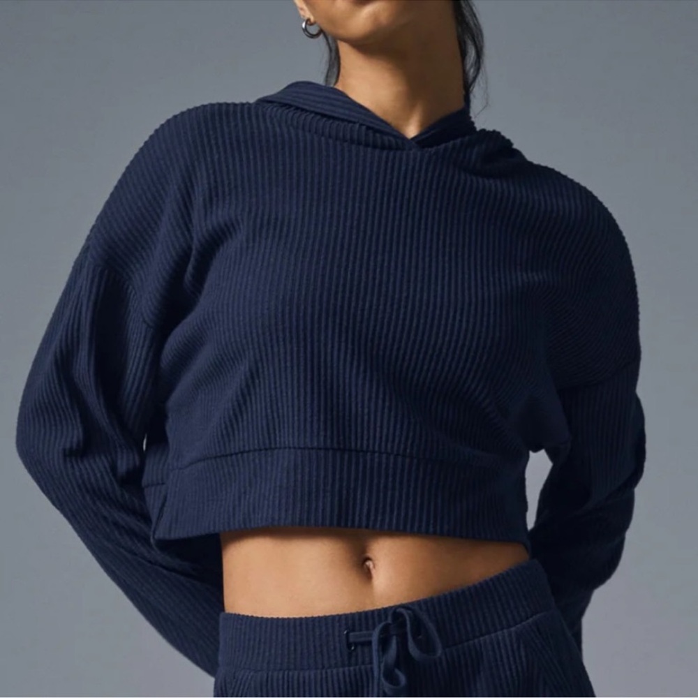 ALO Yoga Navy Blue Muse Ribbed Cropped Hoodie Sweatshirt